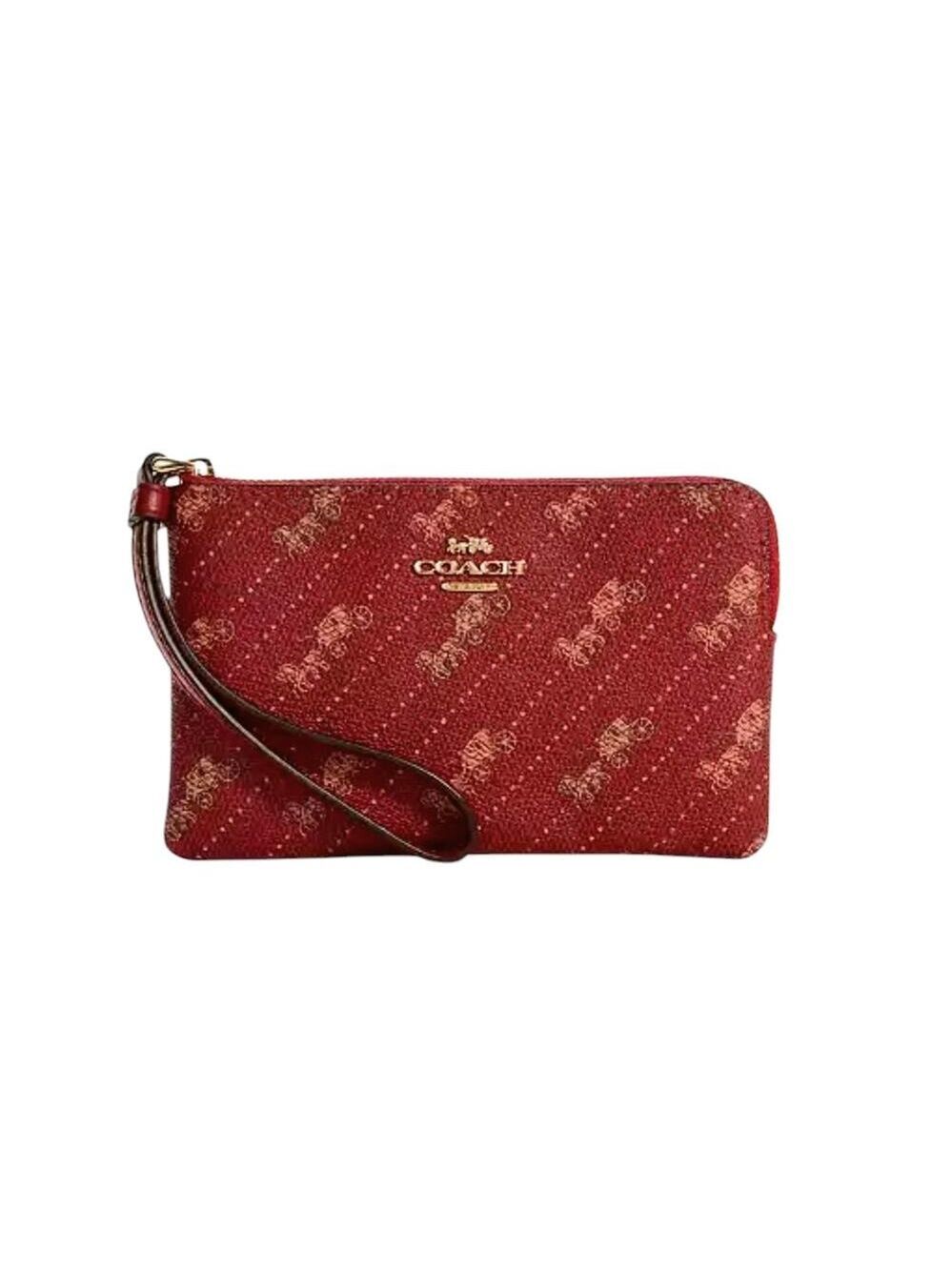 COACH CORNER ZIP WRISTLET WITH RED HORSE AND CARRIAGE DOT PRINT